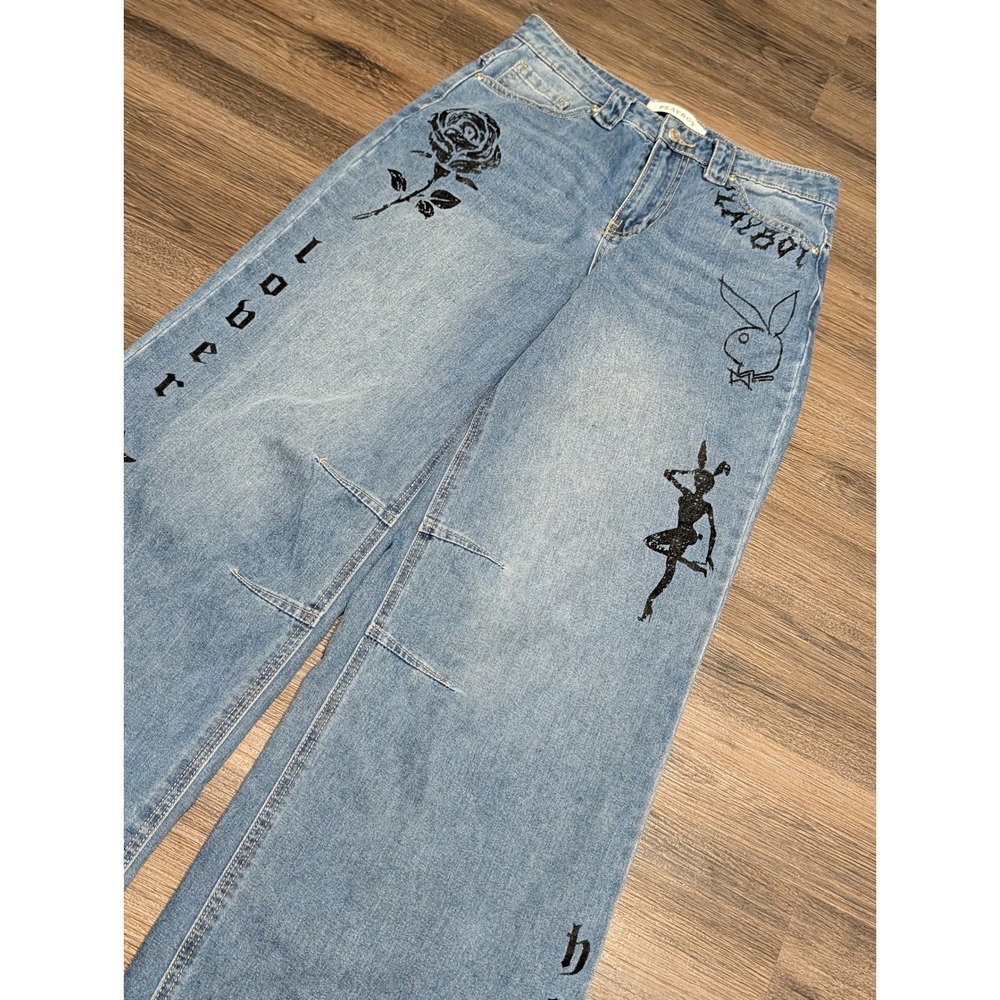 Playboy Graphic Wide Leg Baggy Jeans Light Wash Blue Lover Hater Sinner‎ Size 9